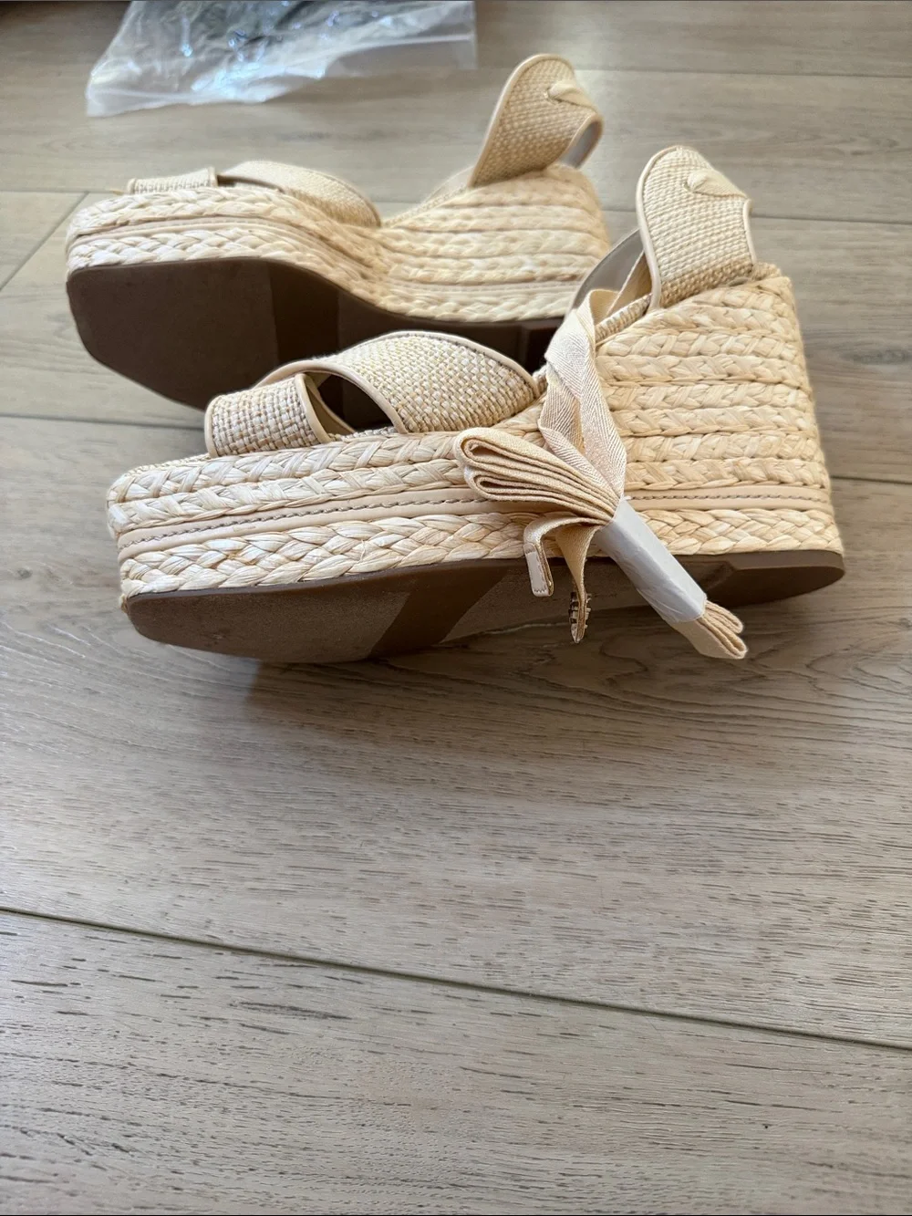 Sam Edelman Natural Beige Espadrille Wedge Sandals with Tie Straps